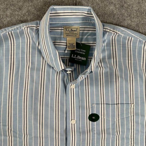 LL Bean Mens Chambray Striped Short SleeveButton Down Shirt Traditional Fit XL - Picture 2 of 8
